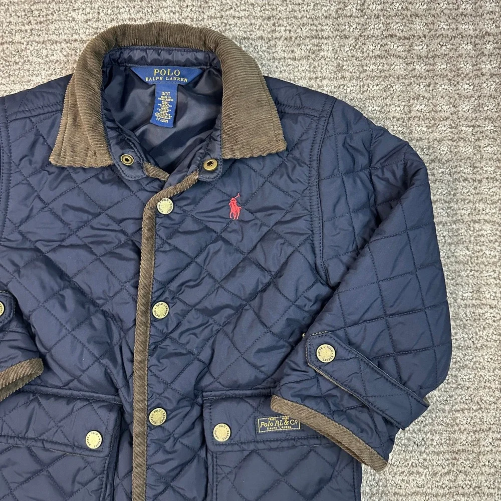Polo Ralph Lauren Kids Navy Blue Quilted Barn Jacket Corduroy Trim 3/3T
